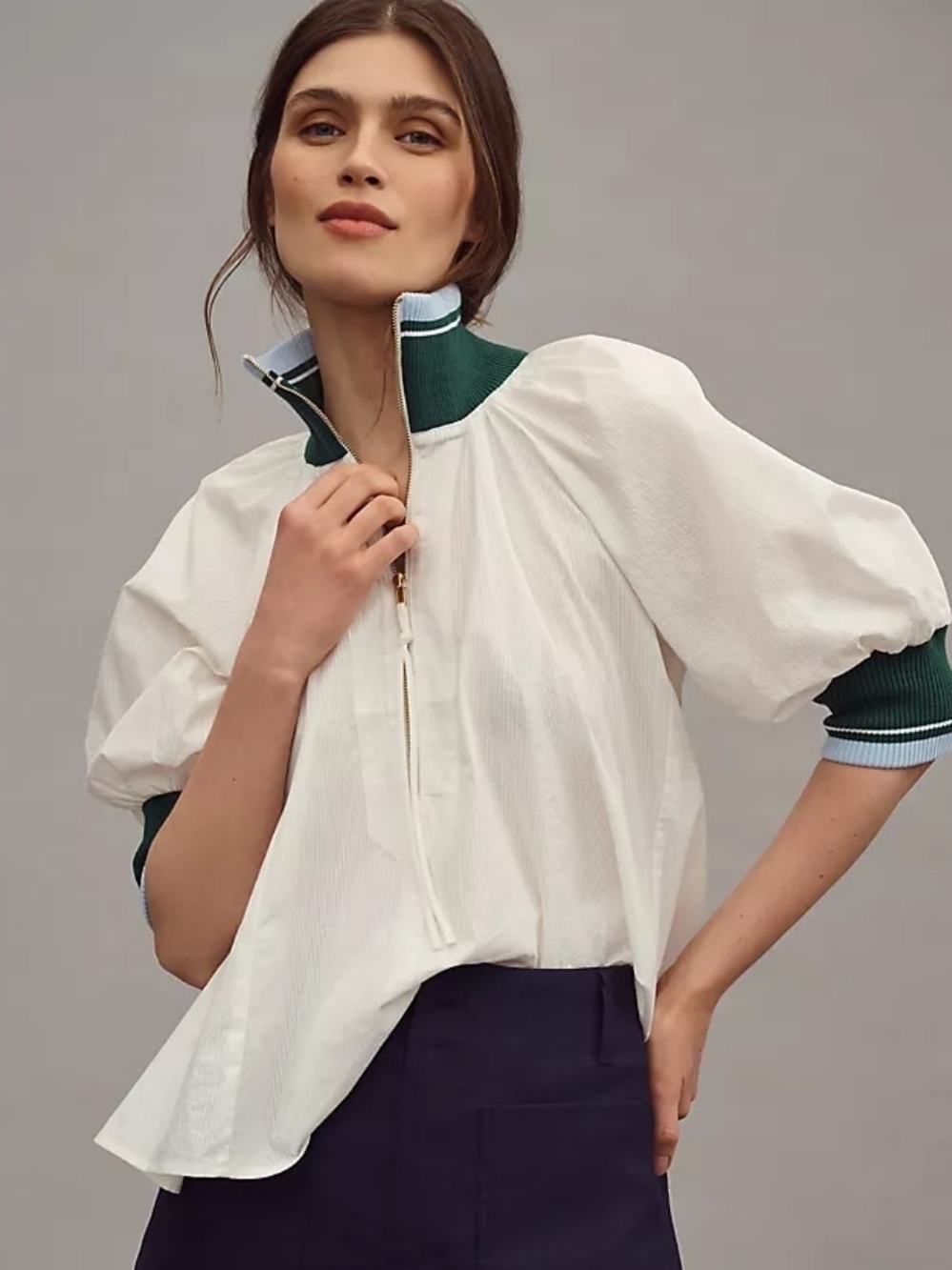 Anthropologie White Puff-Sleeve Polo Blouse with Green Trim